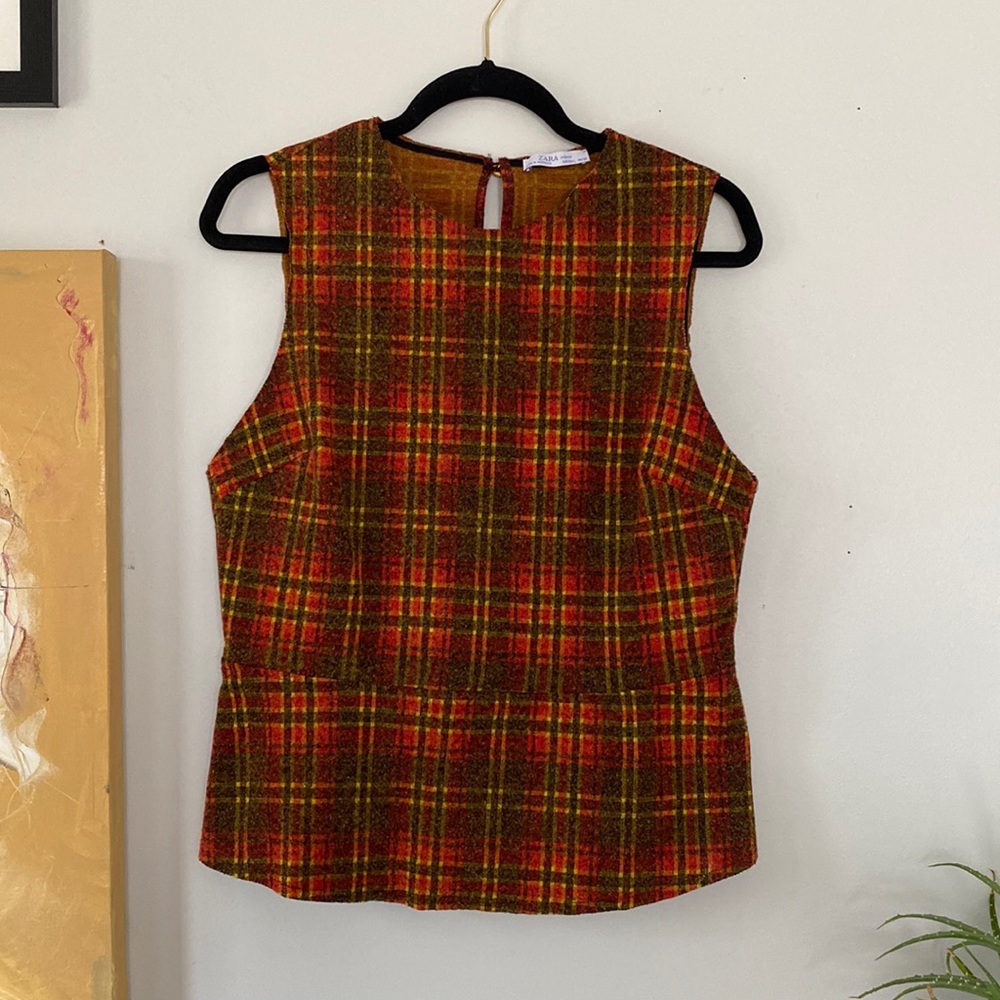 ZARA Orange and Red Plaid Peplum Tank Top
